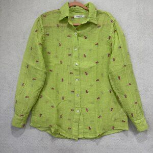 Harris Cotton Shirt Womens Small 100% Linen Button Down Hand Embroidered Floral